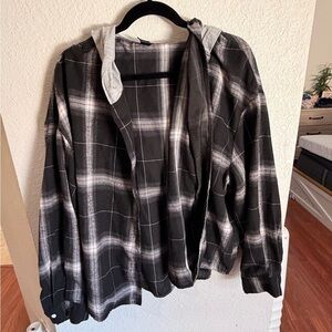 SHEIN Black and Gray Plaid Hooded Shirt